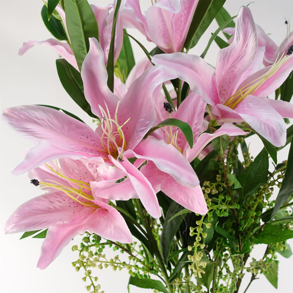 Leaf Pink Lily and Foliage Spray Artificial Flower Bundle with Vase 100cm 8 Pack Image 6