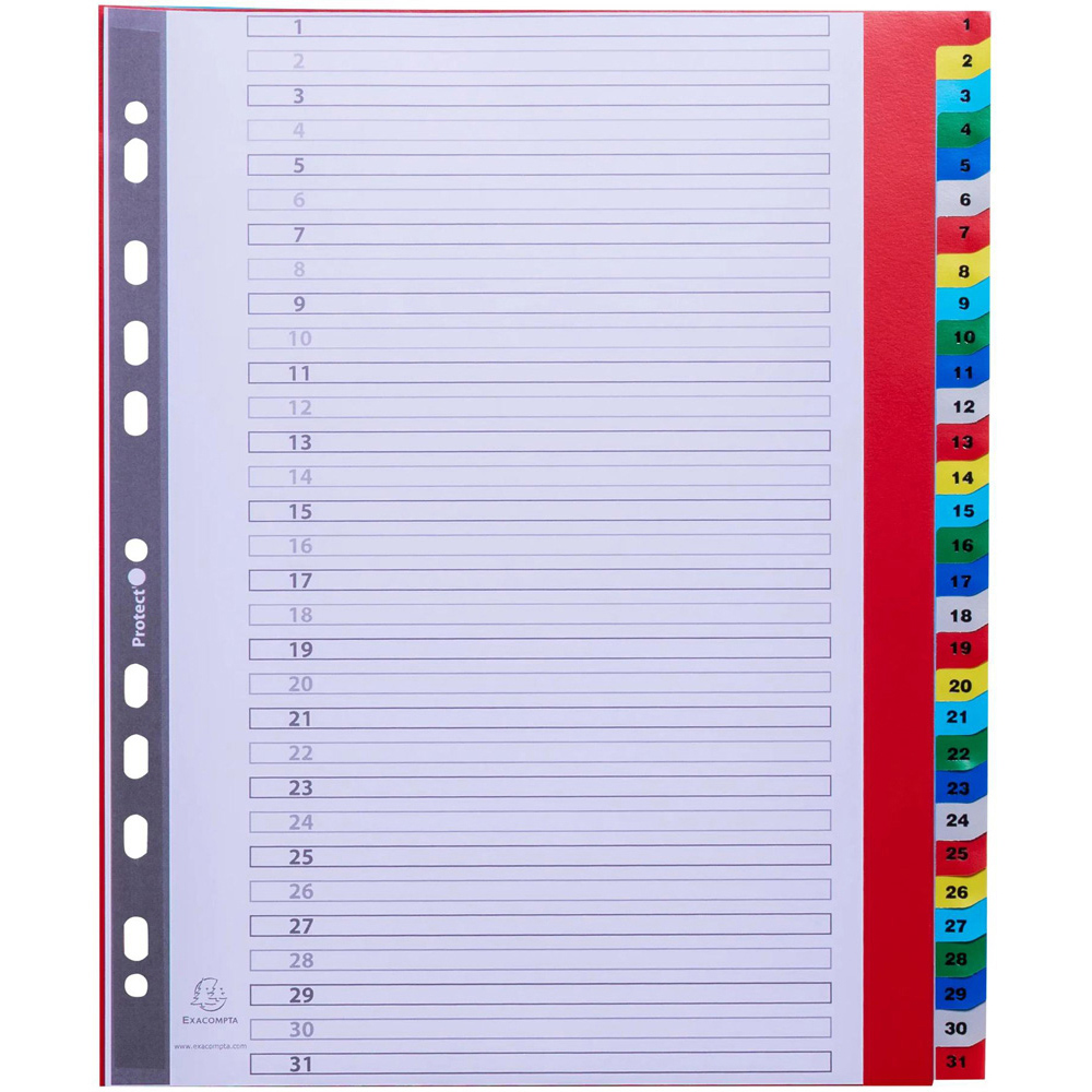 Exacompta A4 Maxi Bright Assorted Colour Polypropylene 1-31 Printed Divider 20 Pack Image 3