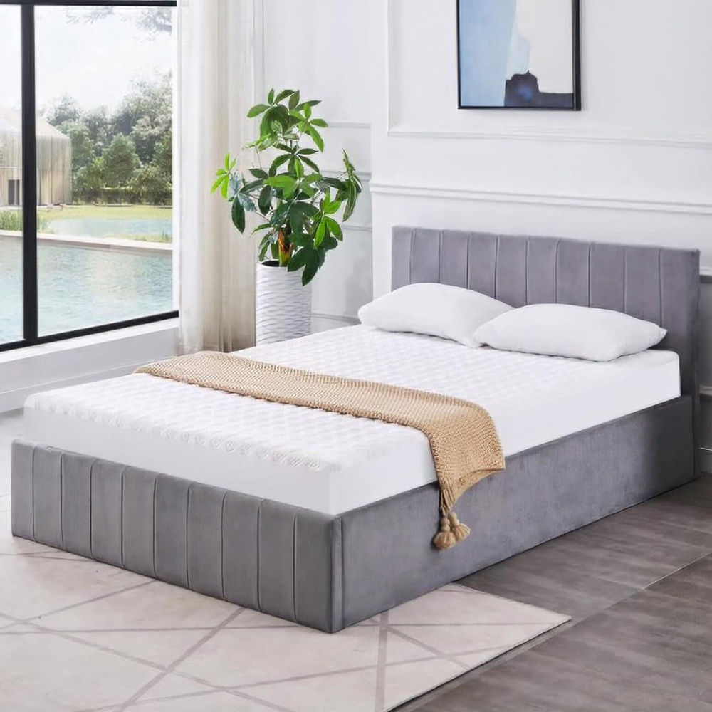 Portland Line Small Double Grey Velvet Ottoman Bed with Mattress Image 1