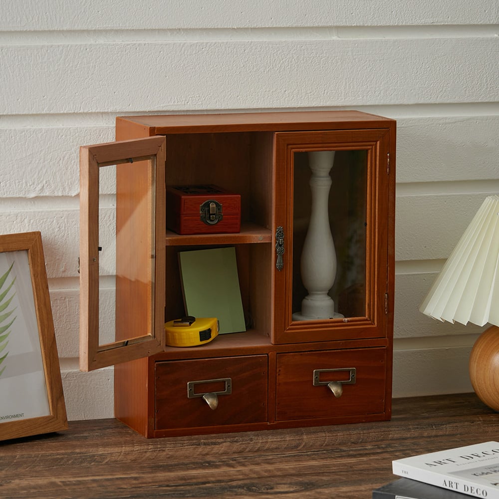 Living and Home 2 Door 2 Drawer Vintage Wooden Desktop Organiser Image 2