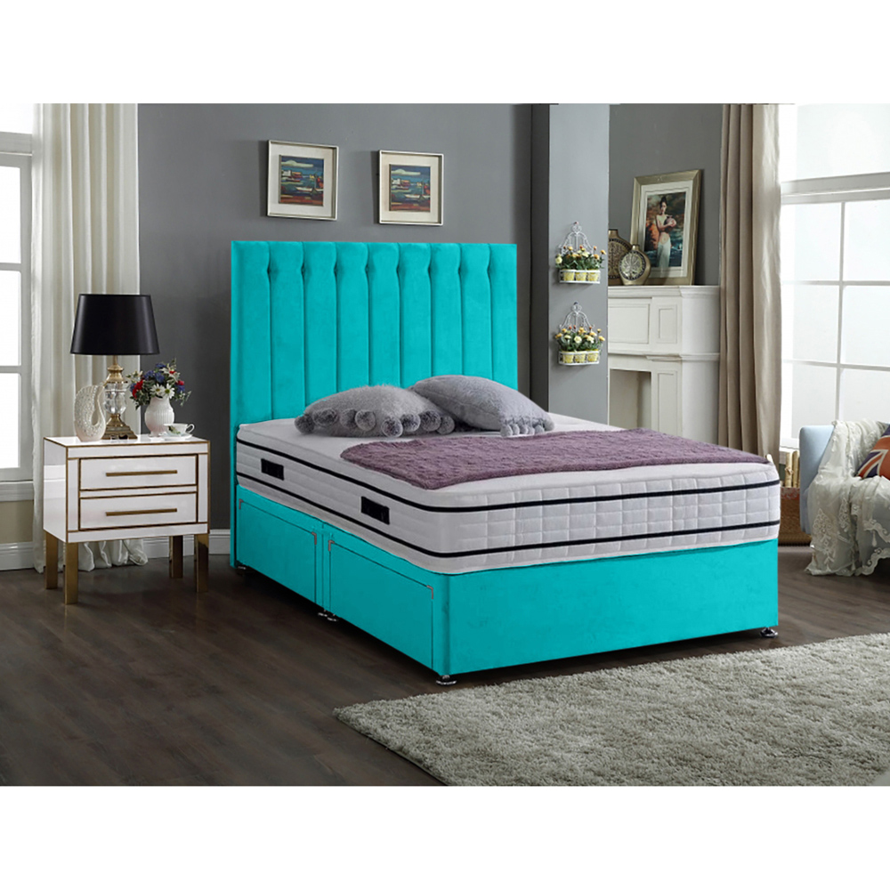 Eleganza Home Snuggler Single Teal Plush Velvet 2 Drawer Divan Bed with Lined Headboard Image 2