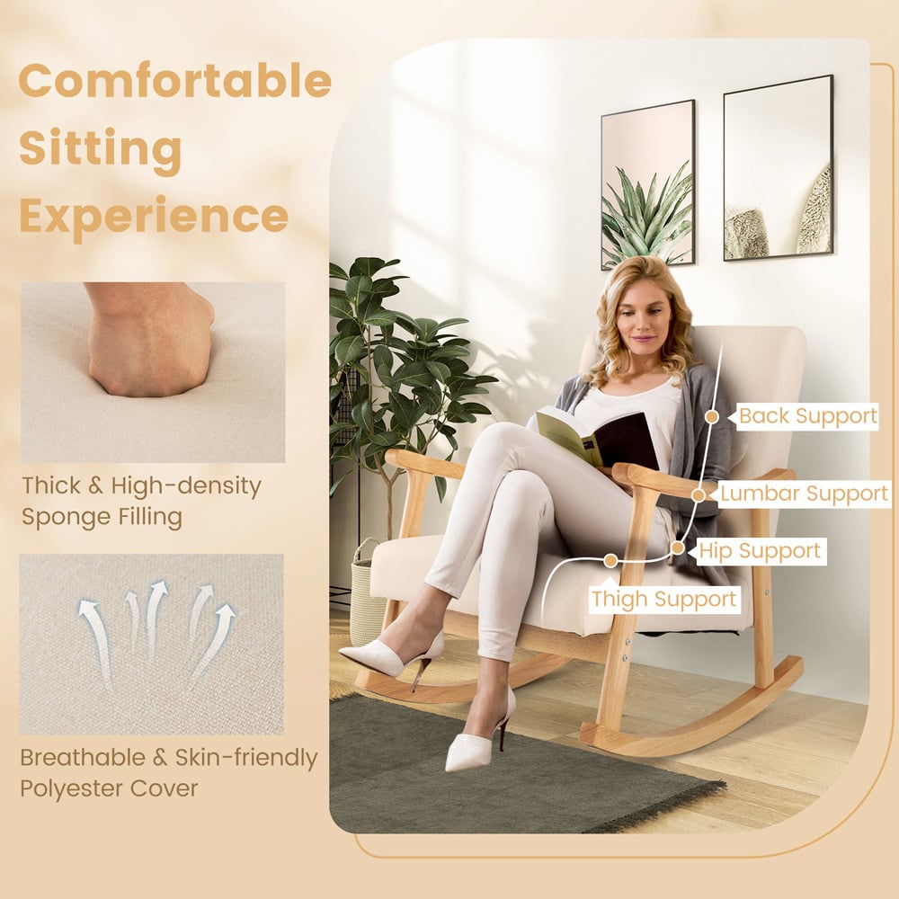 Costway Beige Upholstered Rubber Wood Frame Rocking Chair Image 8