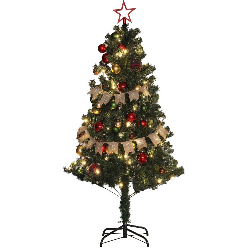 Everglow Warm White LED Pre-Lit Artificial Christmas Tree with Red Decorations 5ft Image 1
