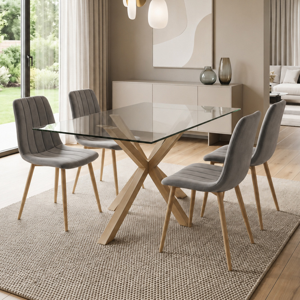 Kosy Koala 4 Seater Tempered Glass Velvet Dining Set Grey Image 1
