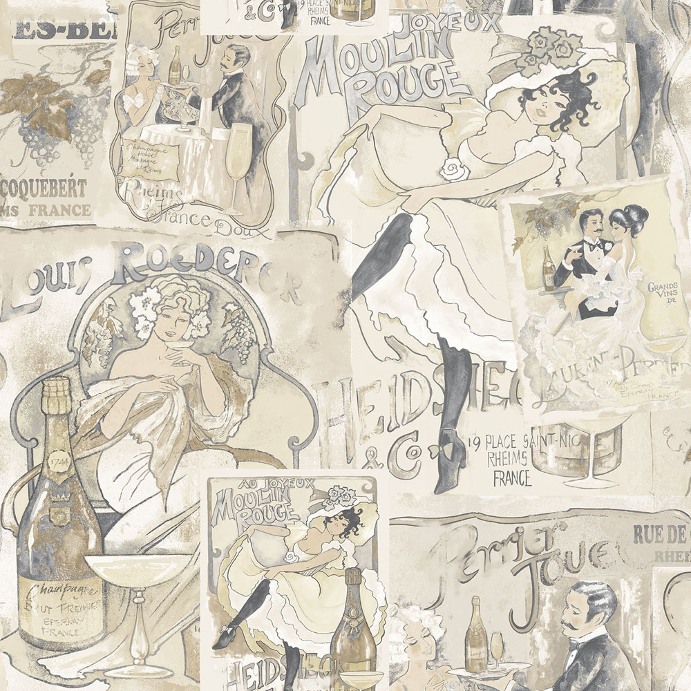 Galerie Nostalgie Moulin Rouge Champagne Posters Beige Wallpaper Image 1