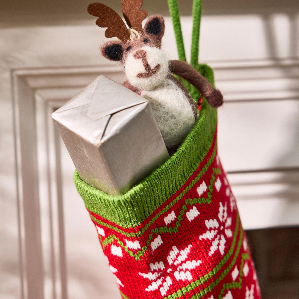 Dibor Red Nordic Snowflake Chunky Knit Christmas Stocking Image 4