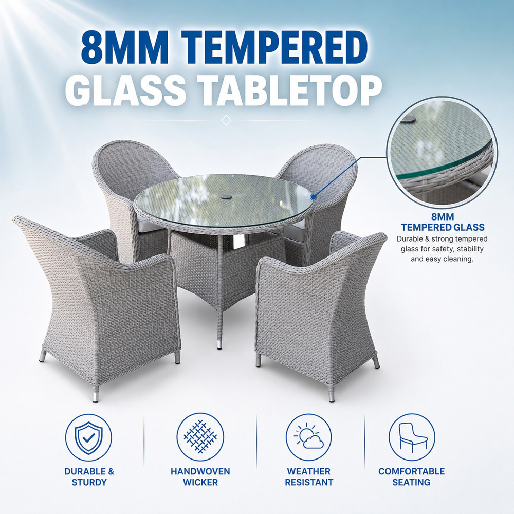 Shatchi Sorrento 4 Seater Rattan Aluminium Round Garden Dining Set Light Grey Image 9