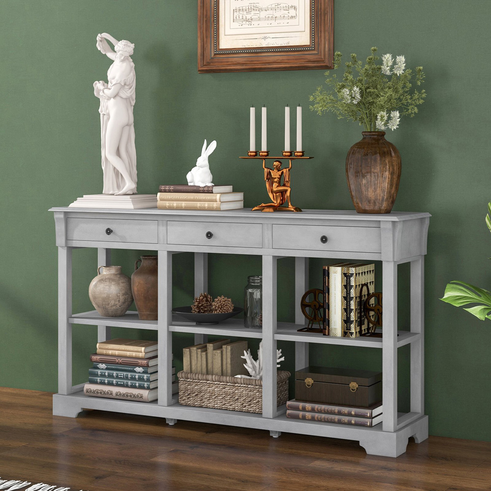 Costway 3 Drawer Open Shelf Grey Retro Console Table Image 5