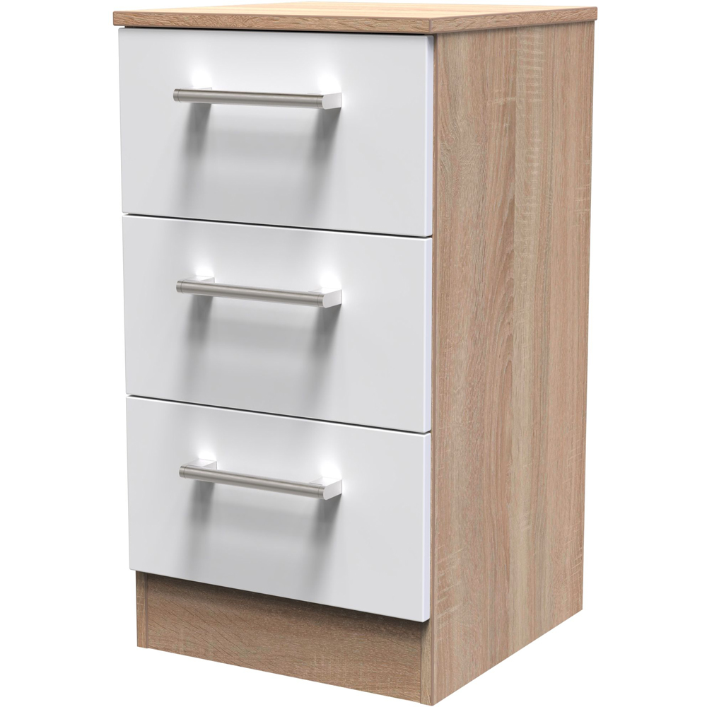 Crowndale Devon 3 Drawer Matt White and Bardolino Oak Bedside Cabinet Ready Assembled Image 4
