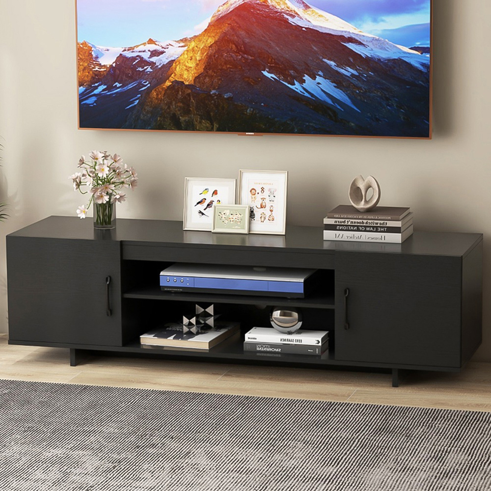 Costway 2 Door 2 Shelf Black TV Stand with Cable Holes and Power Outlet Image 1