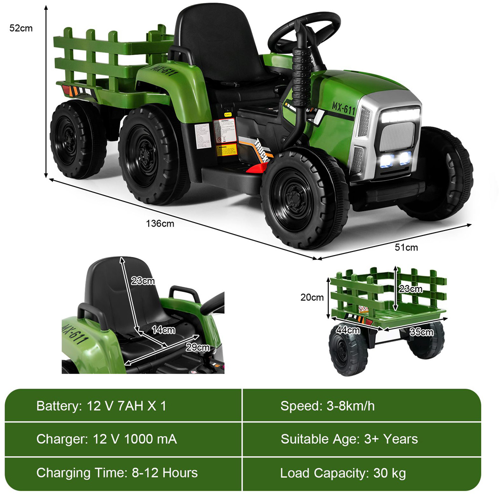 Costway Ride On Tractor with Trailer Dark Green 12V Image 7