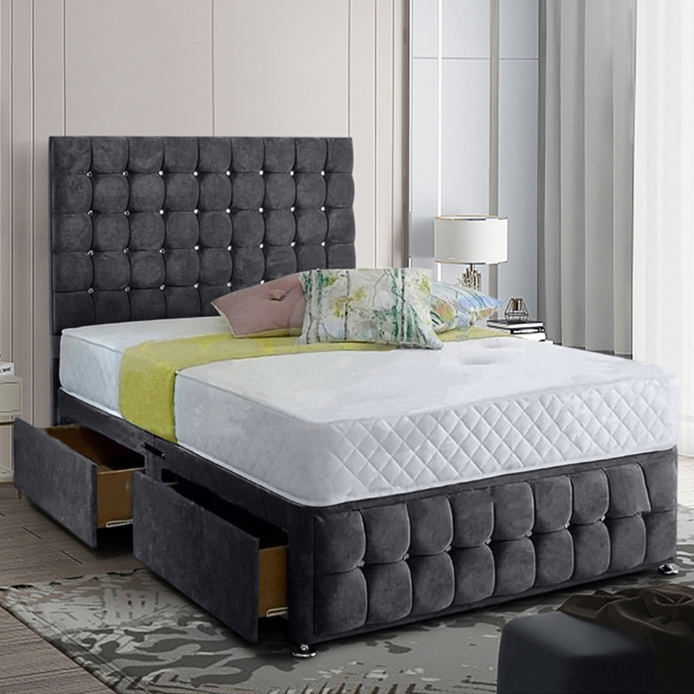Eleganza Home Cloudrest Super King Size Steel Plush Velvet 2 Drawer Divan Bed with Headboard Image 1