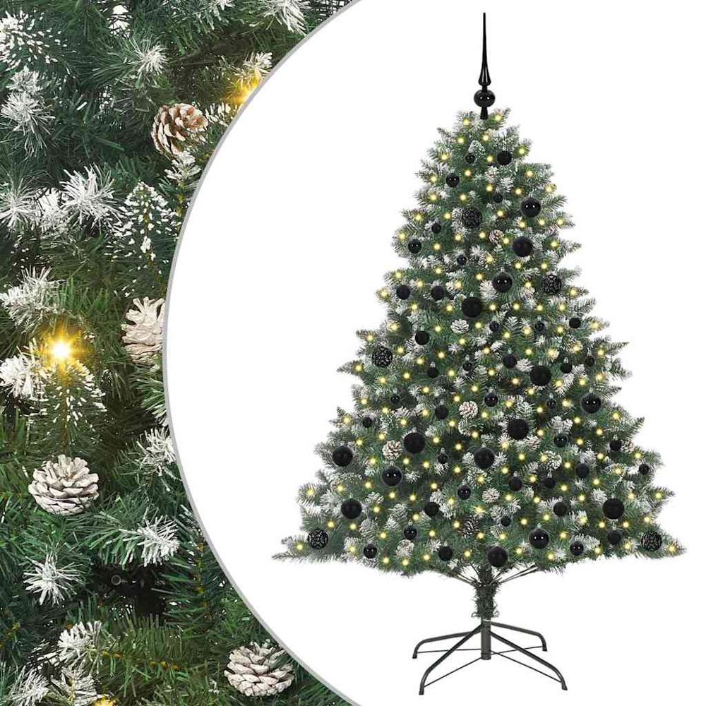 vidaXL Pre-Lit Black Baubles Green Artificial Snow Tipped Christmas Tree 6ft Image 2