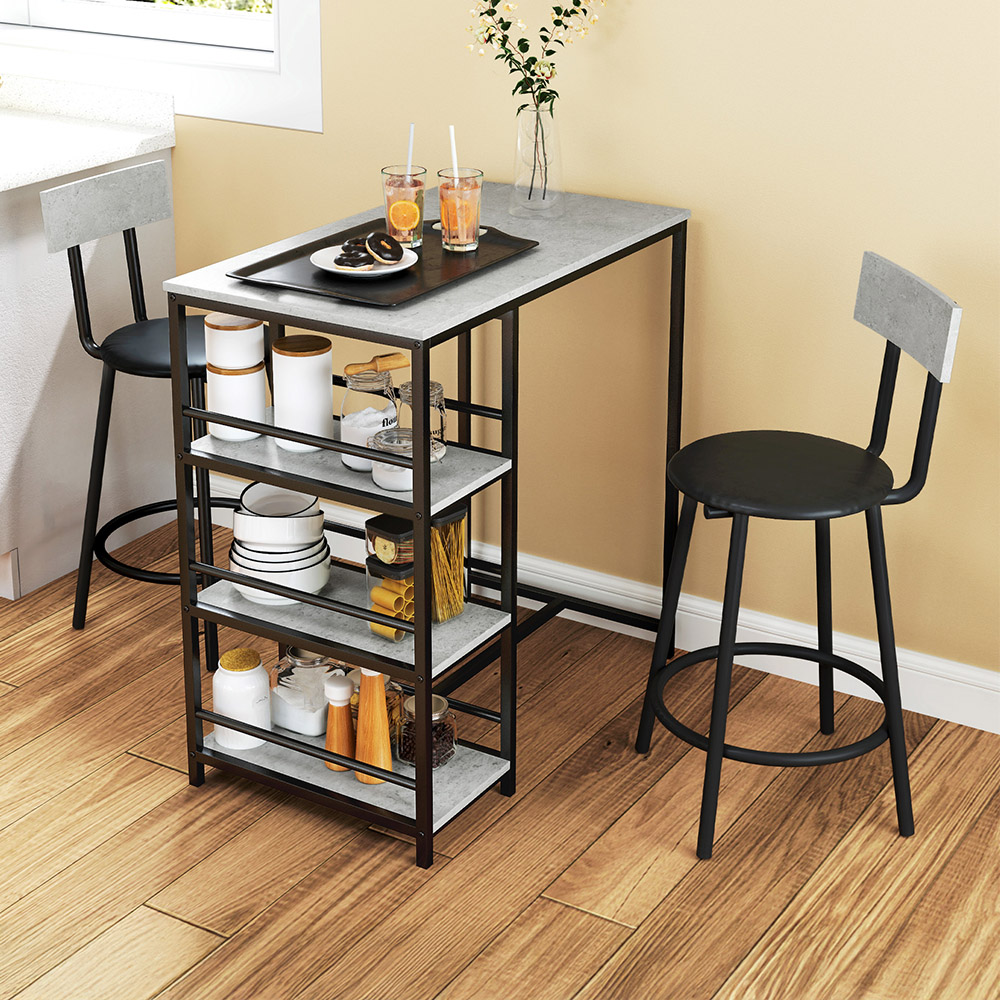 HOMCOM 2 Seater 3 Shelf Light Grey Breakfast Bar Table Set Image 1