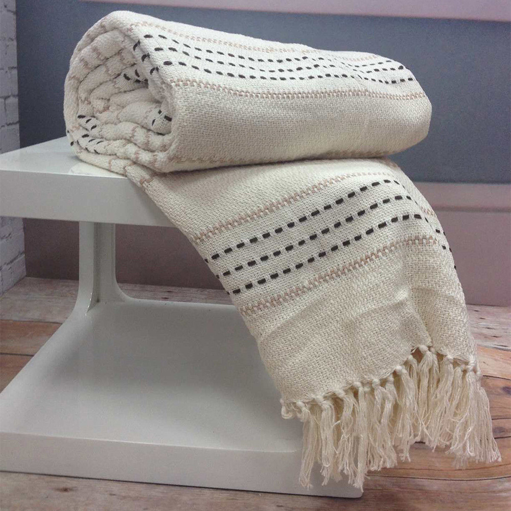 Rapport Home Cream Stitch Strip Woven Cotton Throw 254 x 254cm Image 2