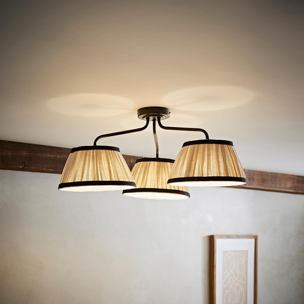 ValueLights Clara 3 Arm Linen Pleated Shade Black Ceiling Light with Bulb Image 2
