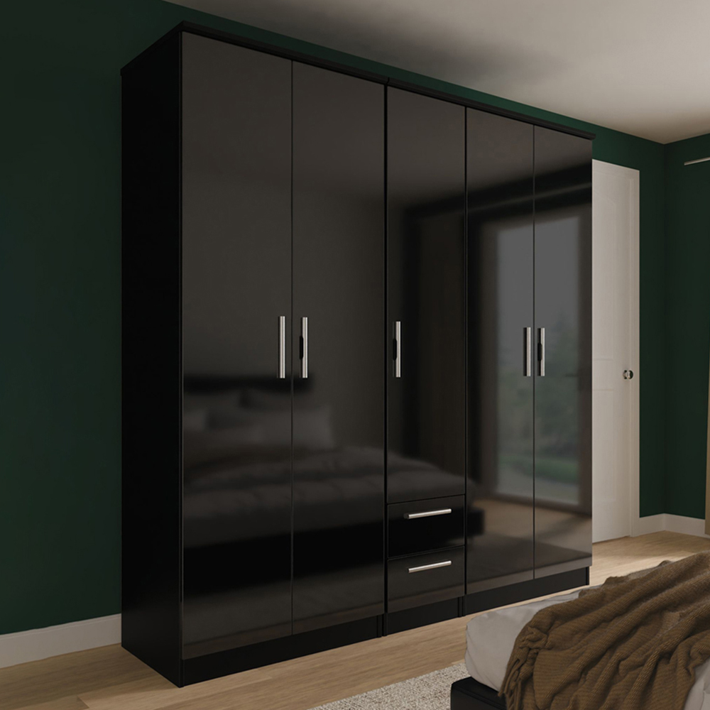 Crowndale Knightsbridge 5 Door 2 Drawer Black Gloss and Black Tall Wardrobe Ready Assembled Image 1