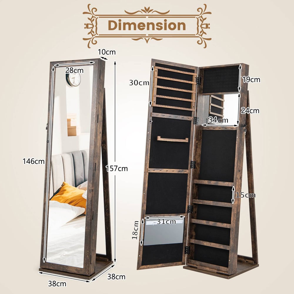 Costway Brown Mirrored Jewellery Armoire with Display Shelf Image 9
