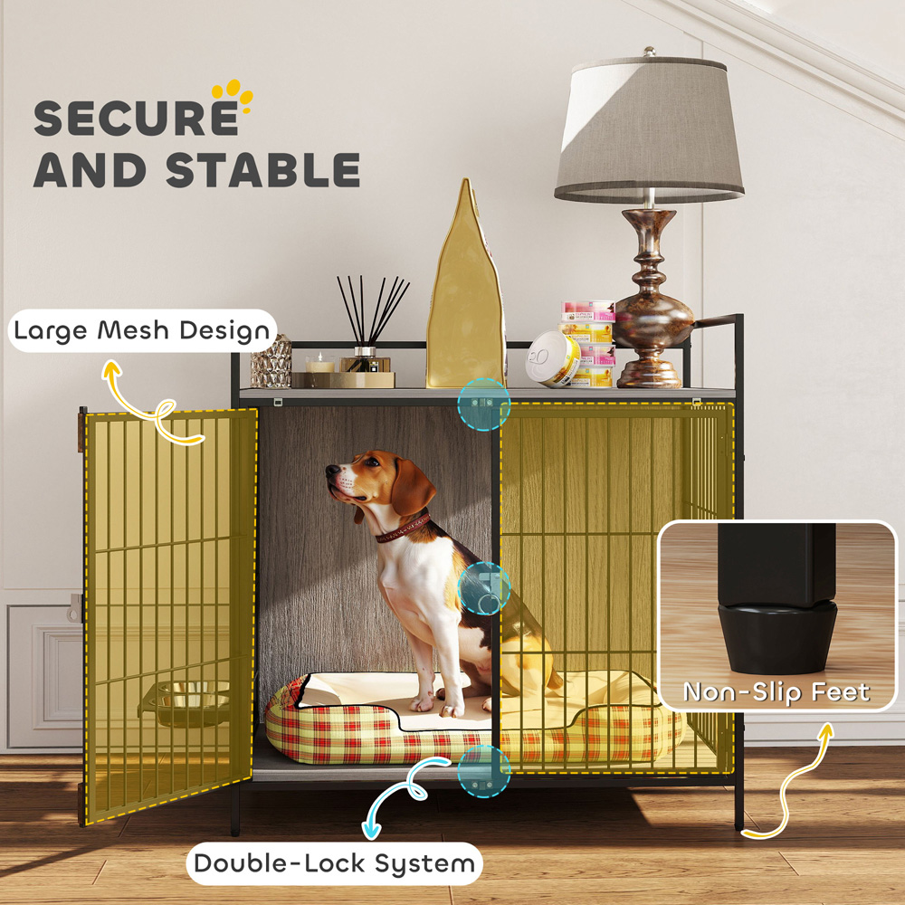 PawHut Grey Medium Dog Crate Furniture with Rotating Bowl Holder Image 6