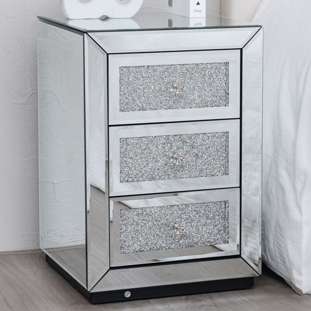 Comfy Living 3 Drawer Diamond Mirrored Crystal Bedside Table Image 1