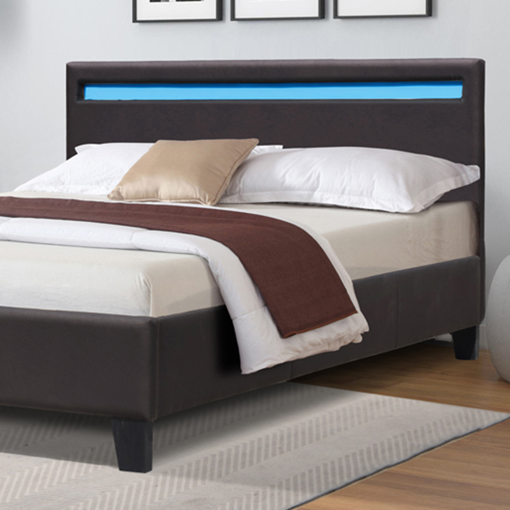 Comfy Living Single Brown Faux Leather Bed Frame with LED Strip Image 2