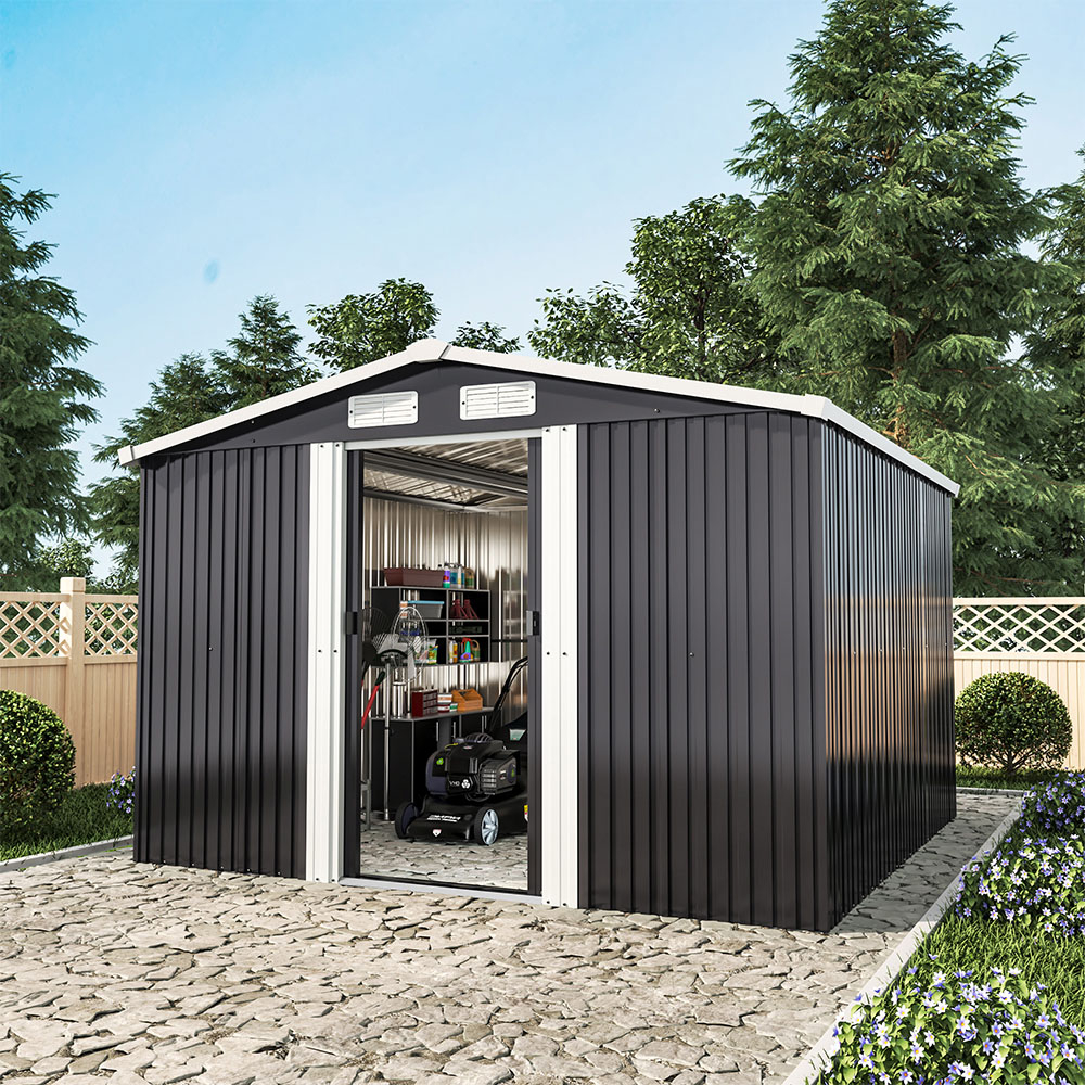 Living and Home 8 x 8ft Anthracite Metal Apex Garden Storage Shed with Foundation Image 2