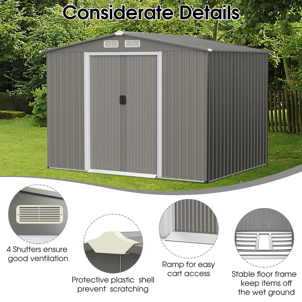 Costway Light Grey Outdoor Storage Shed with Foundation 8 x 5ft Image 8