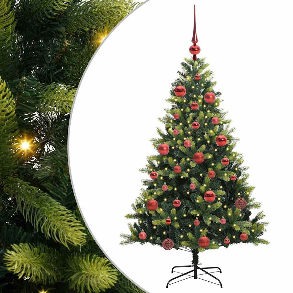 vidaXL Pre-Lit Red Baubles Green Artificial Hinged Christmas Tree 5ft Image 2