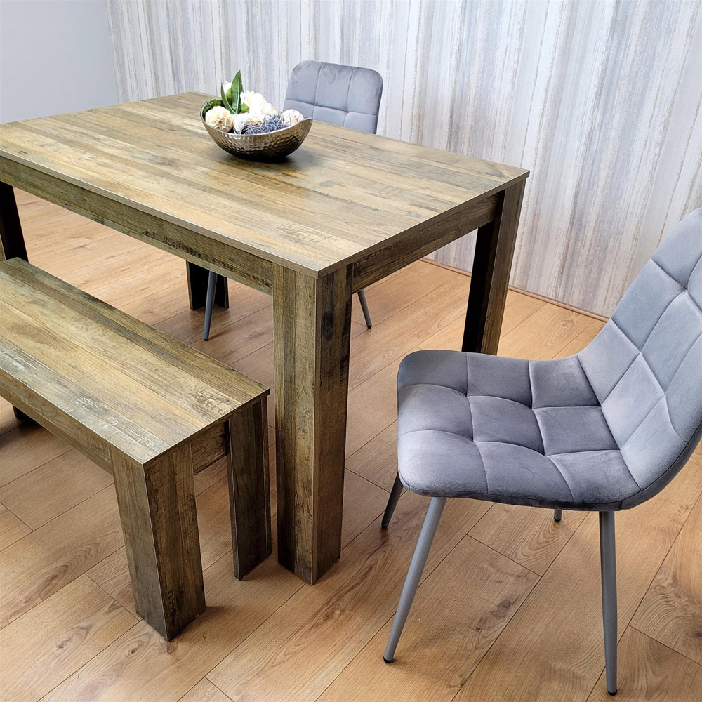 Portland 4 Seater Dining Set Rustic Effect and Grey Velvet with Bench Image 4