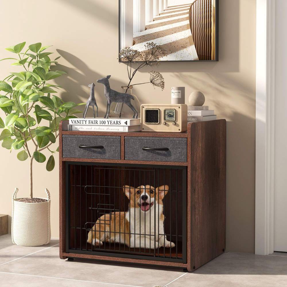 Costway 2 Drawer Furniture Dog Crate with Lockable Door Image 3