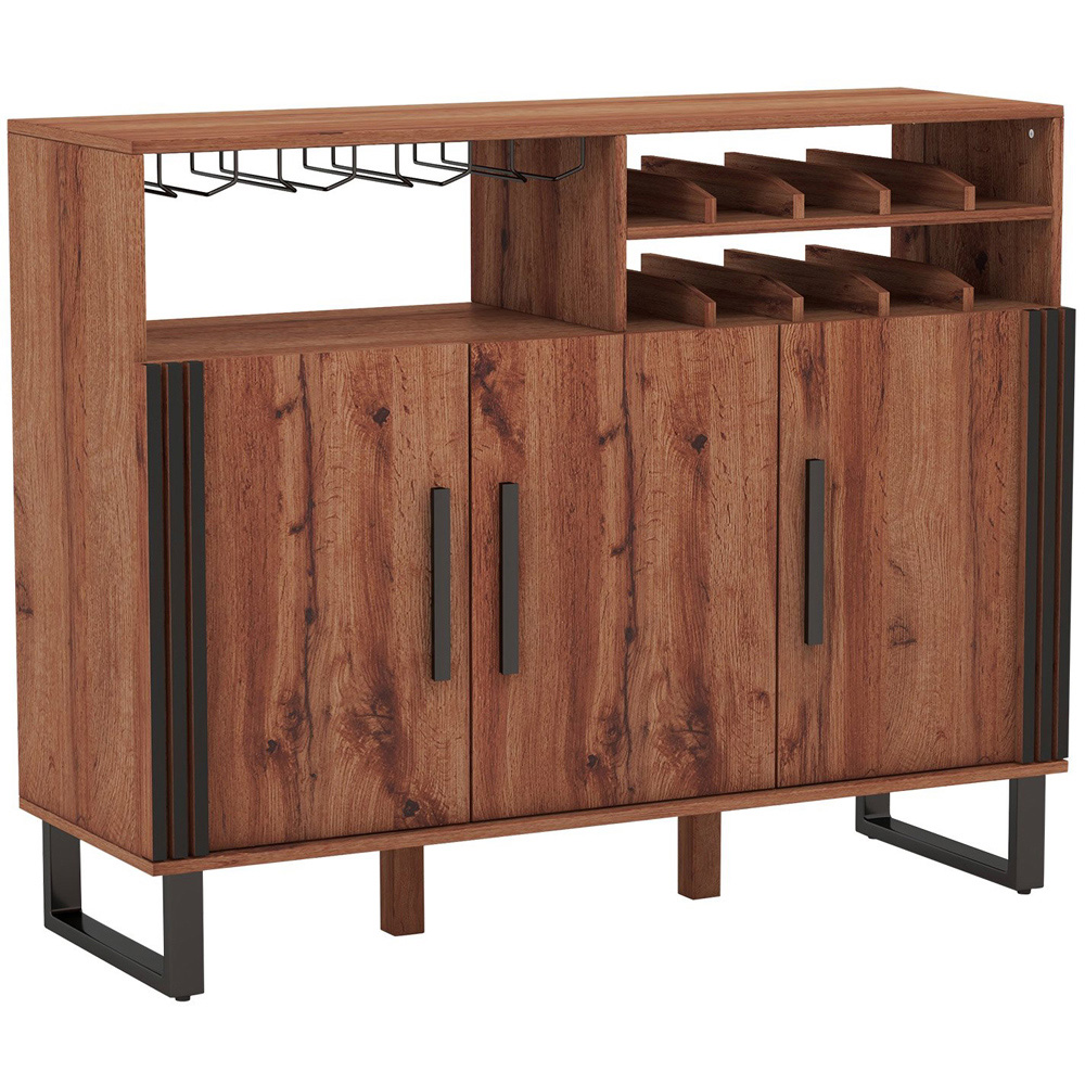 Costway 3 Door 10 Bottle Rustic Brown Home Wine Bar Cabinet with Glass Holder Image 2