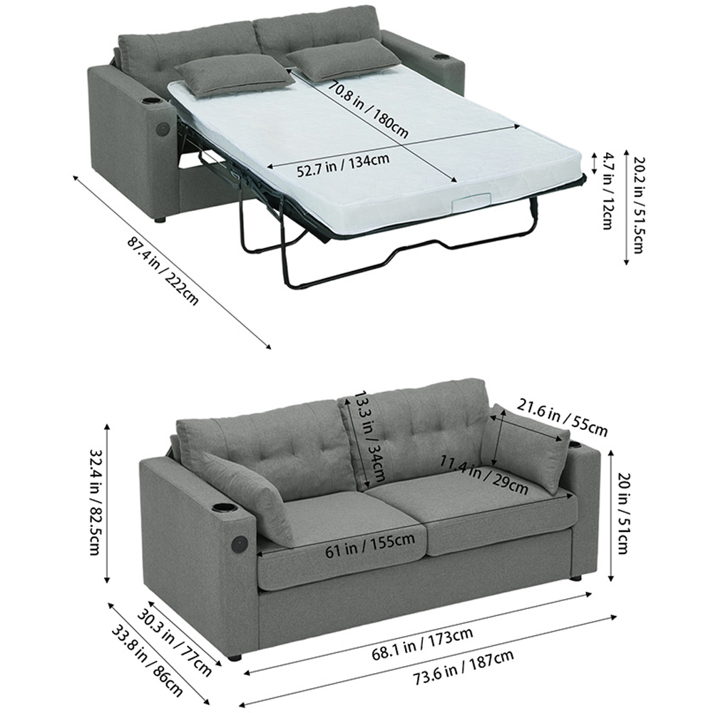 Living and Home 2 Seater Grey Linen Pull Out Sofa Bed with USB Port | Wilko