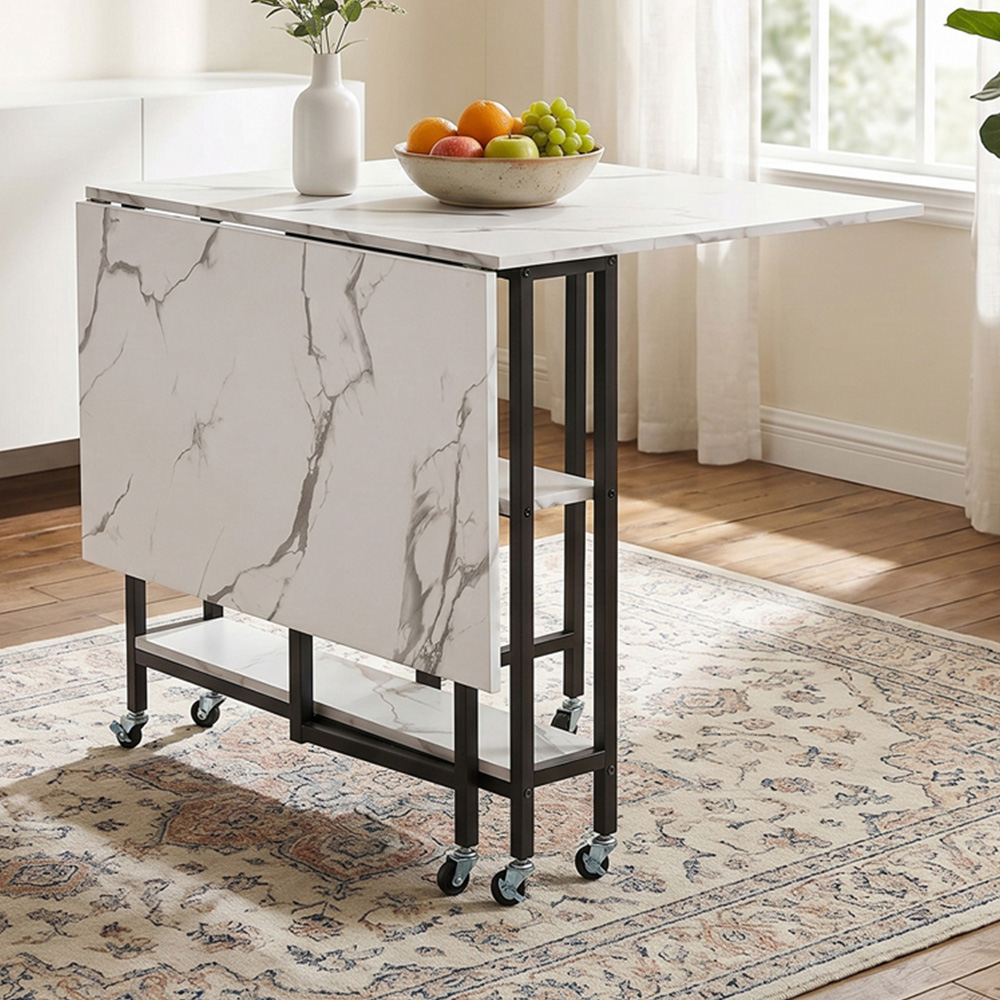 Living and Home 6 Seater Black and White Marble Effect Folding Dining Table with Shelf Image 1
