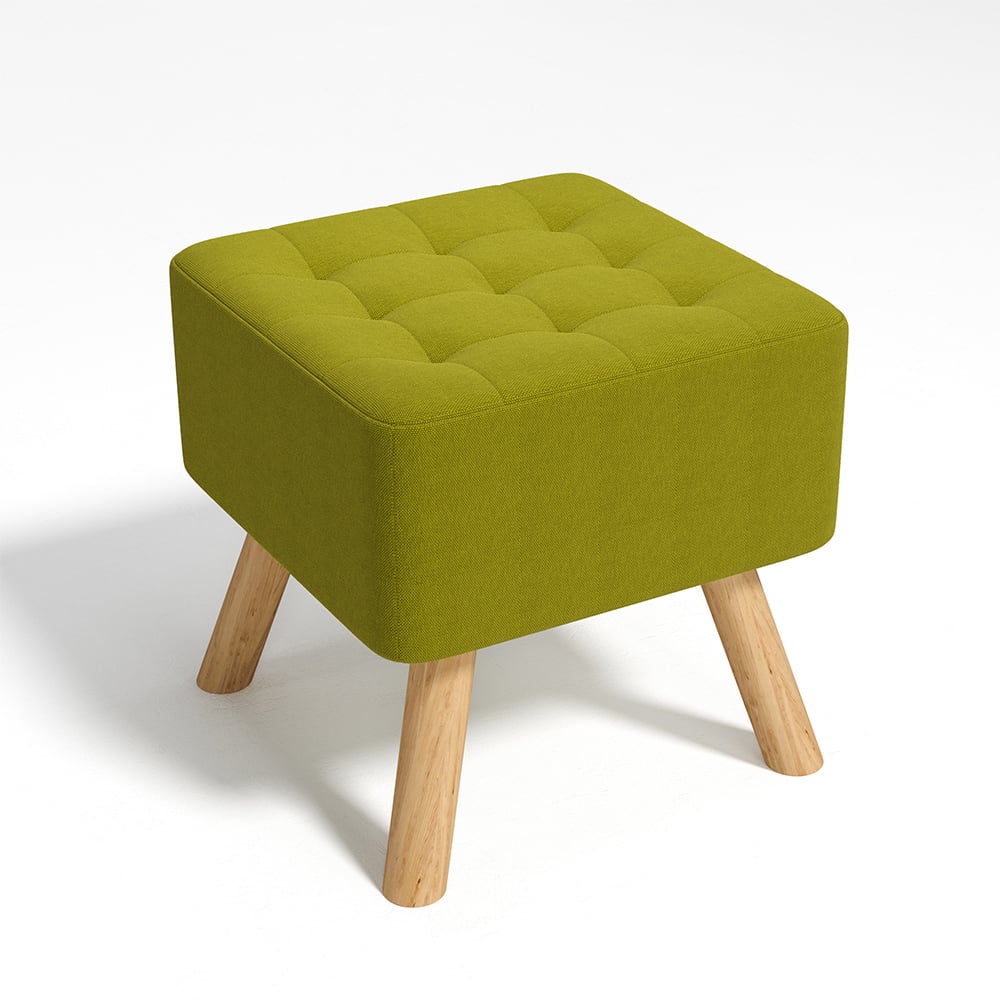 Living and Home Green Linen Buttoned Footstool with Wooden Legs Image 2