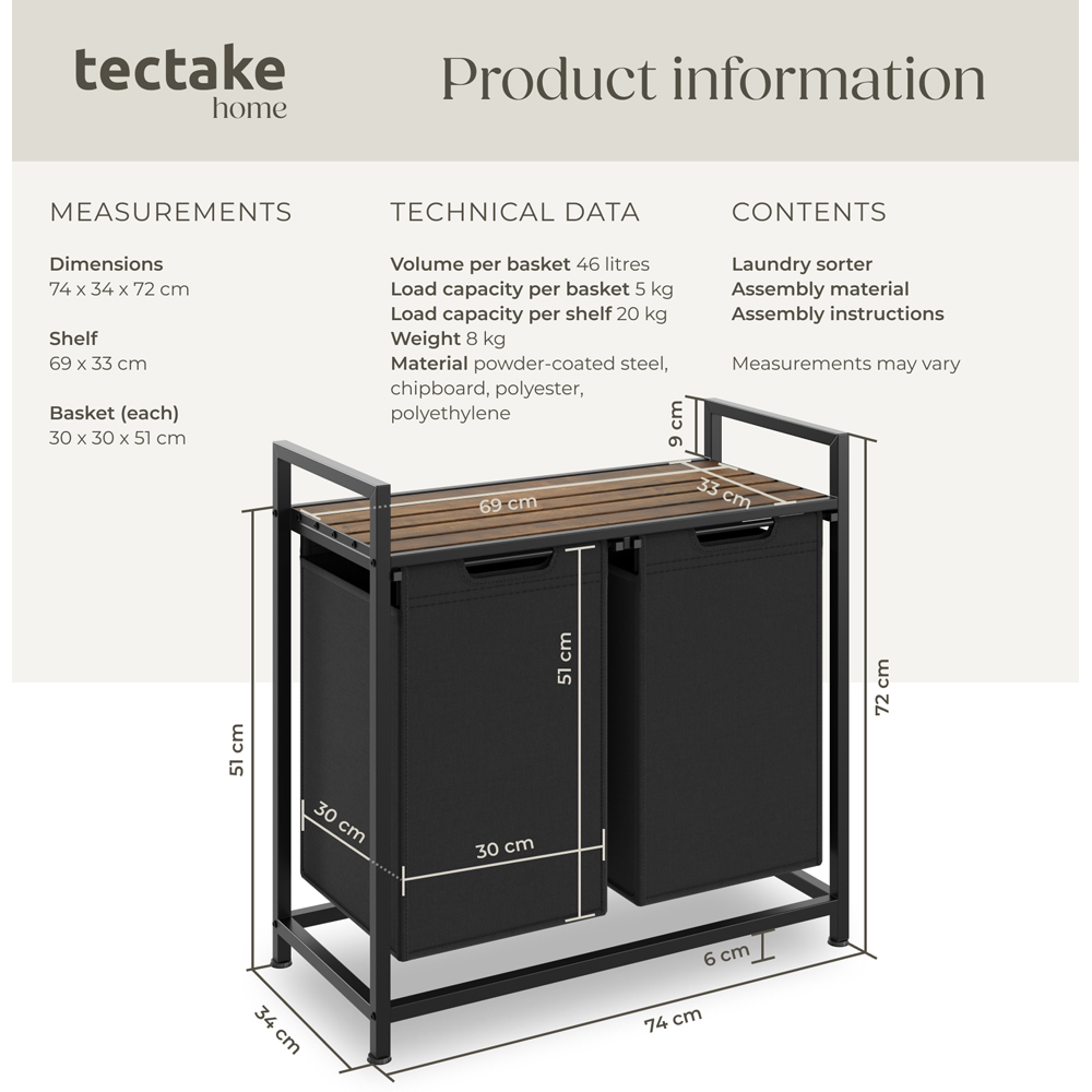 tectake Dual Pull Out Compartment Laundry Basket 74 x 34 x 72cm Image 8