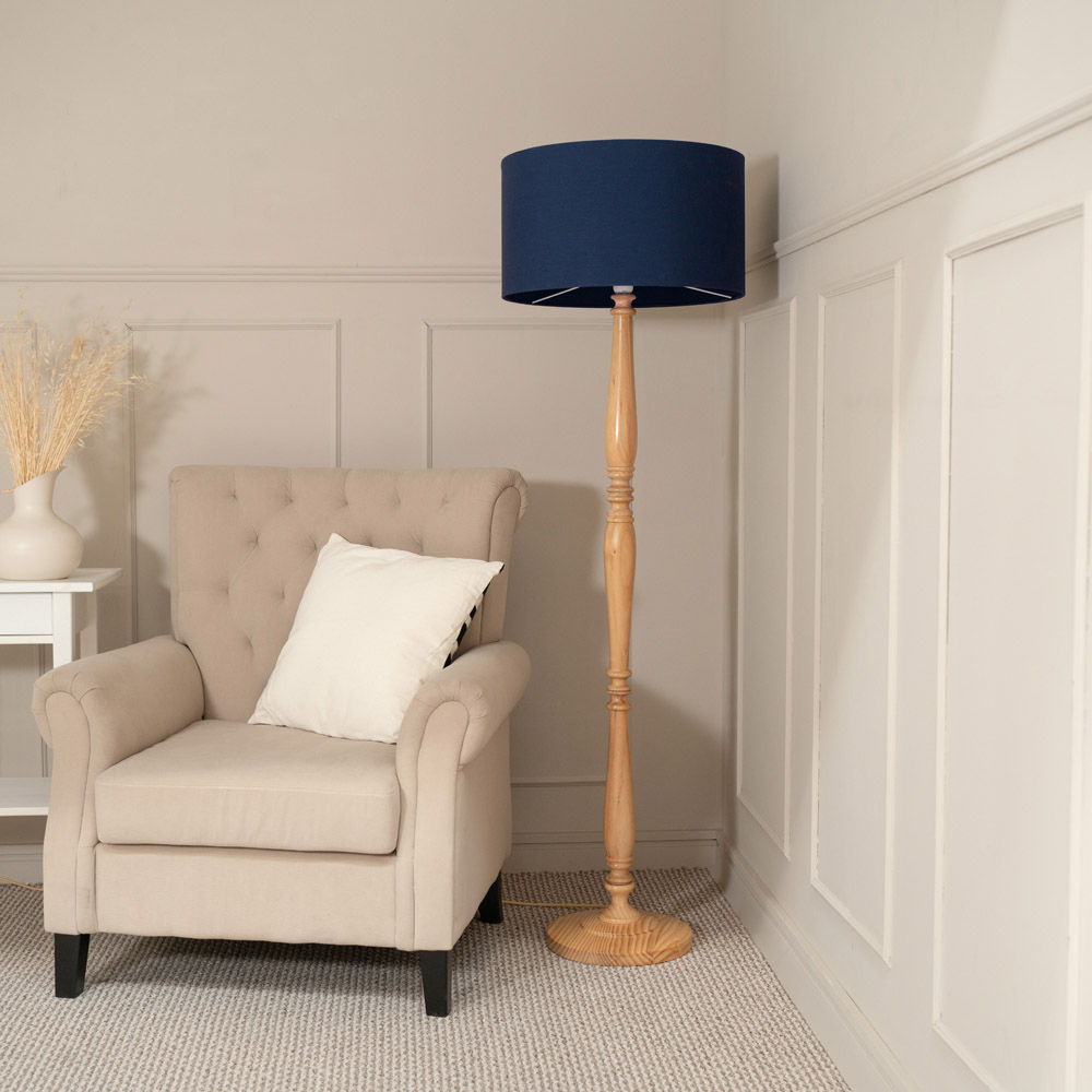 ValueLights Victoria Navy Blue Fabric Drum Shade Light Wood Traditional Stem LED Floor Lamp Image 3