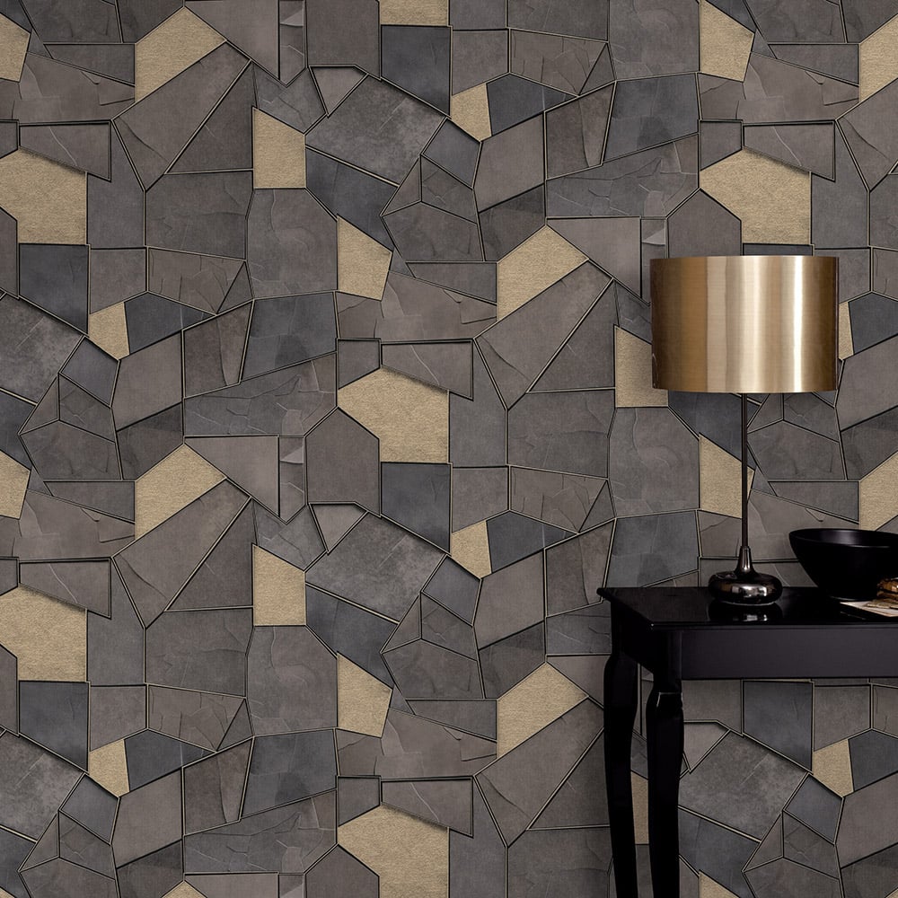 Elle Decoration Mosaique Charcoal Grey and Gold Textured Vinyl Wallpaper by Erismann Image 4