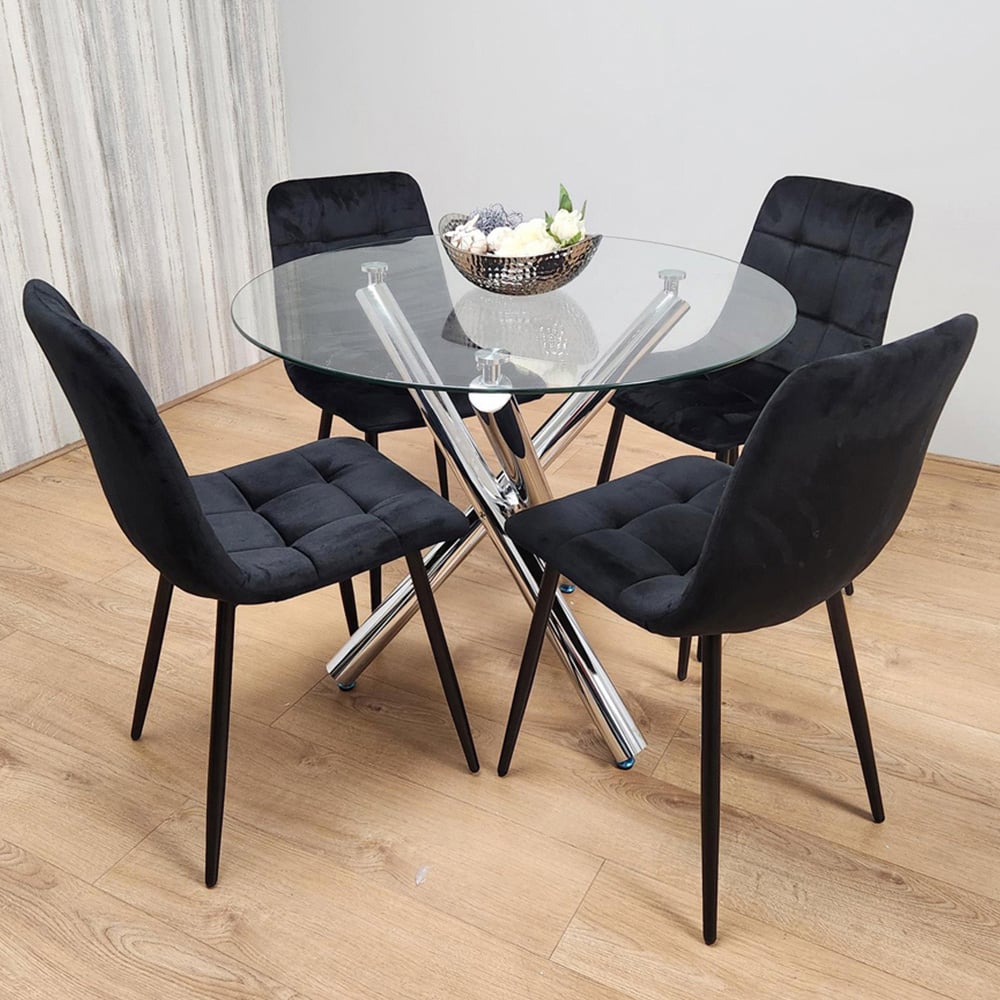 Portland 4 Seater Velvet Clear Glass Round Dining Set Black Image 1