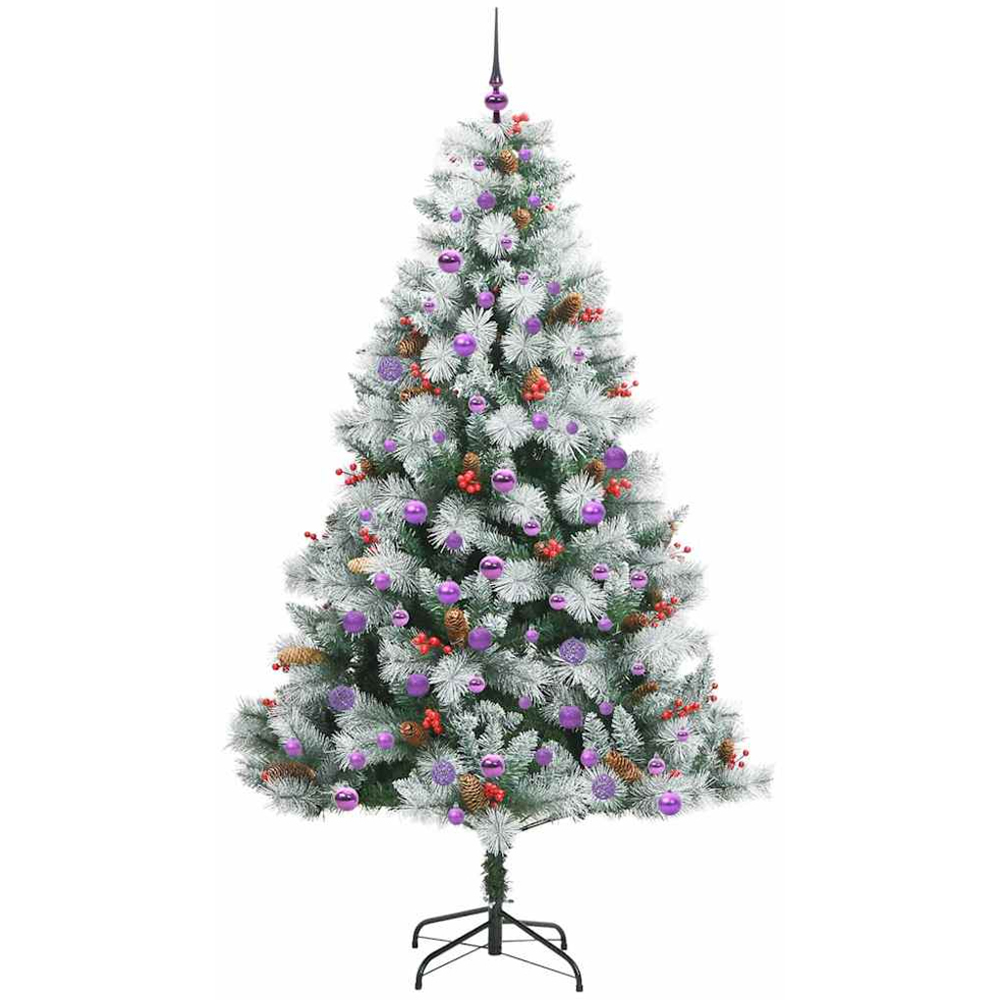 vidaXL Pre-Lit Lilac Baubles Green Artificial Snow Flocked Christmas Tree 7ft Image 4