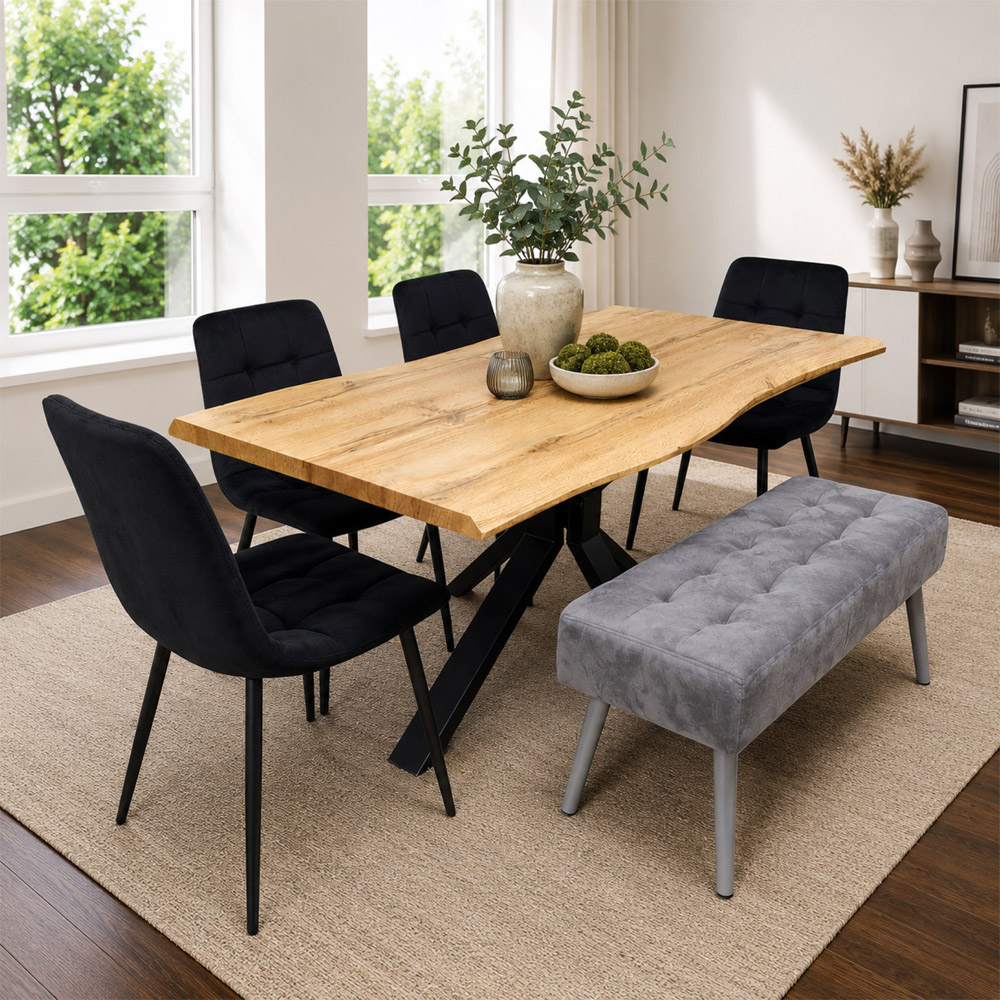 Kosy Koala 6 Seater Wood and Velvet Dining Table Set with Bench Black and Grey Image 1