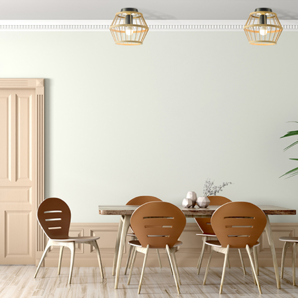 Happy Homewares Black Metal Ceiling Light with Outer Bamboo Frame Image 2