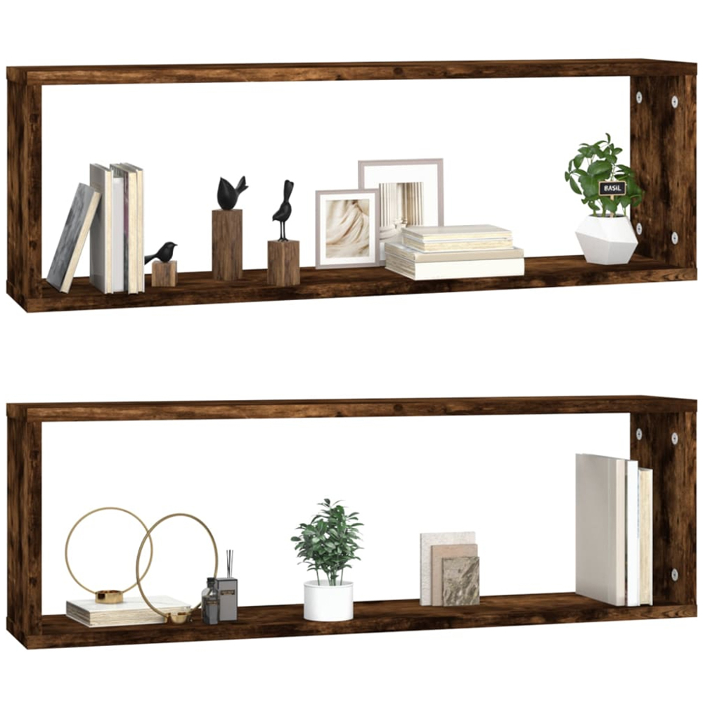vidaXL 80 x 15 x 26.5cm Smoked Oak Wooden Wall Shelf 2 Pack Image 4