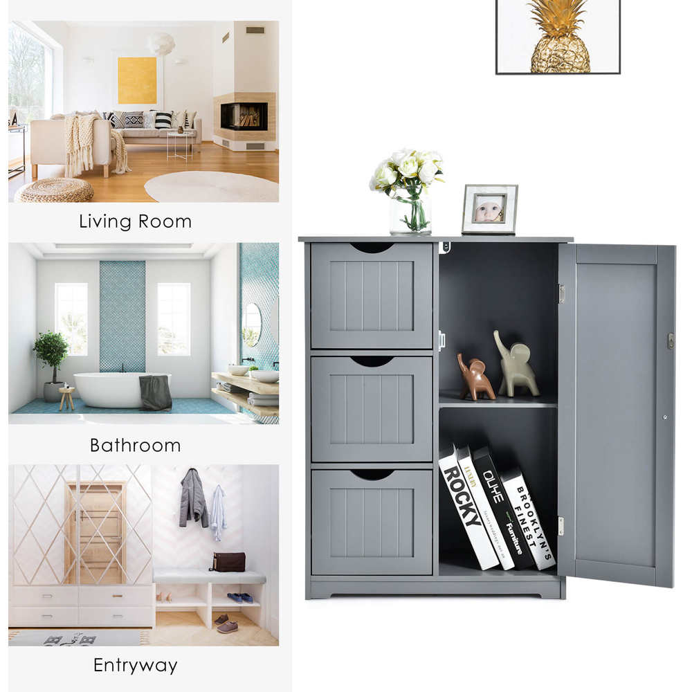 Costway Single Door 3 Drawer Grey Freestanding Bathroom Cabinet Image 6