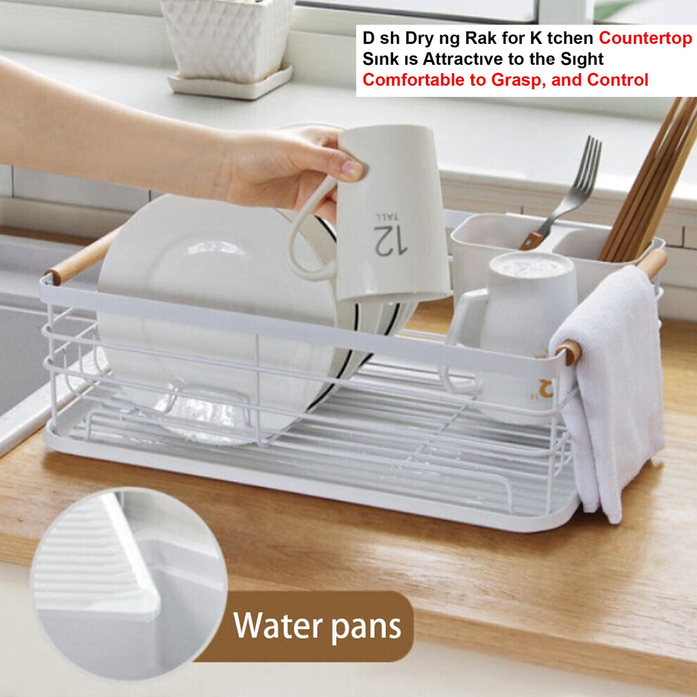 ATEK White Wooden Handle Dish Drying Rack with Drain Tray and Cutlery Holder Image 7