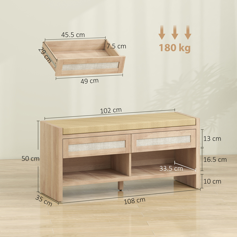 HOMCOM 2 Rattan Drawer Oak Wood Effect Shoe Bench Image 9