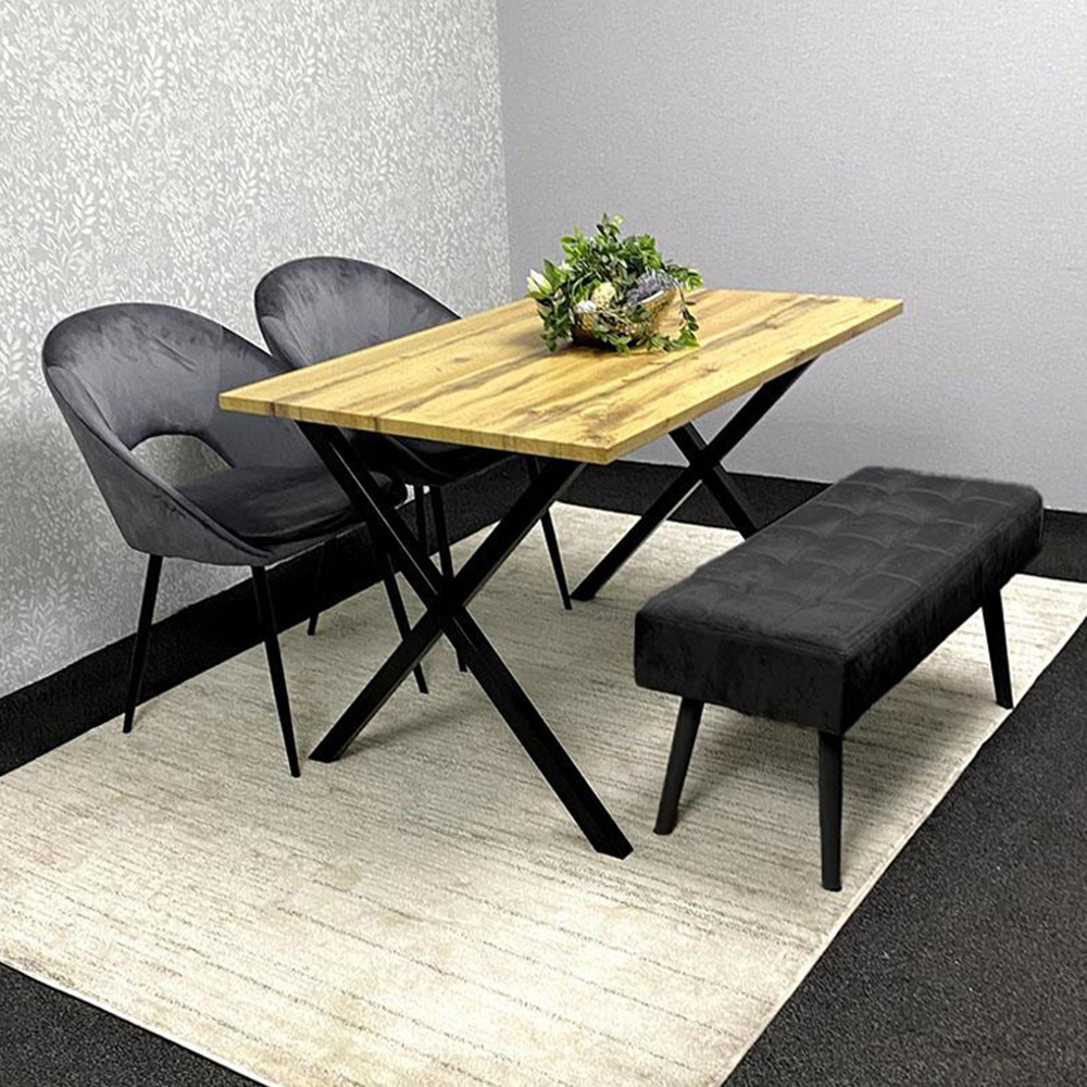 Portland 4 Seater Grey Wood Effect Dining Table Set with Bench and Velvet Chairs Image 1