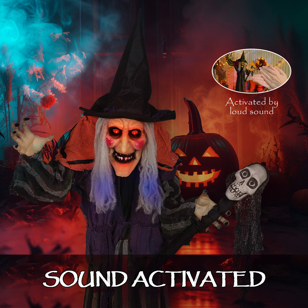 Outsunny Voice Activated Animatronics Standing Witch and Skull Staff Halloween Decoration 5.2ft Image 5