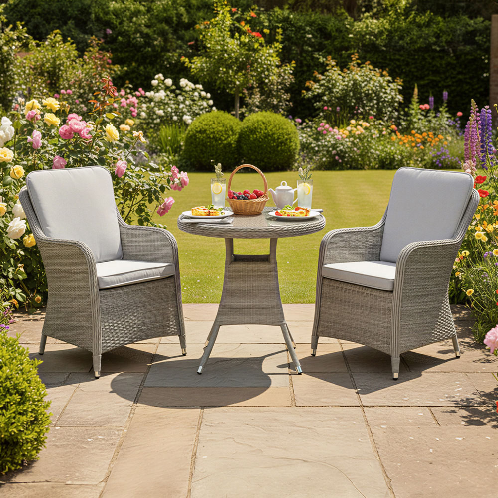 Oseasons Hampton 2 Seater Dove Grey Rattan Bistro Set with Light Grey Cushions Image 1