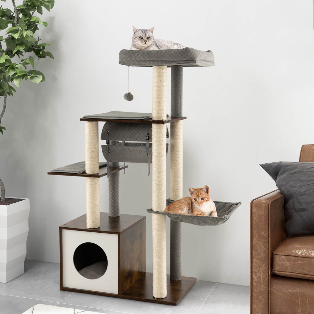 Costway Grey Wooden Cat Tree with Hammock Image 3