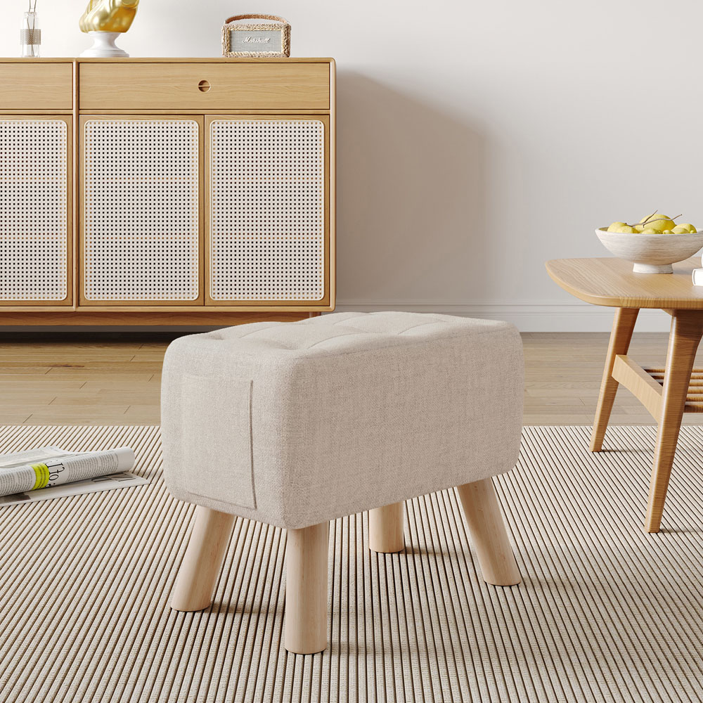 Living and Home Beige Linen Footstool with Oak Legs and Side Pocket Image 8